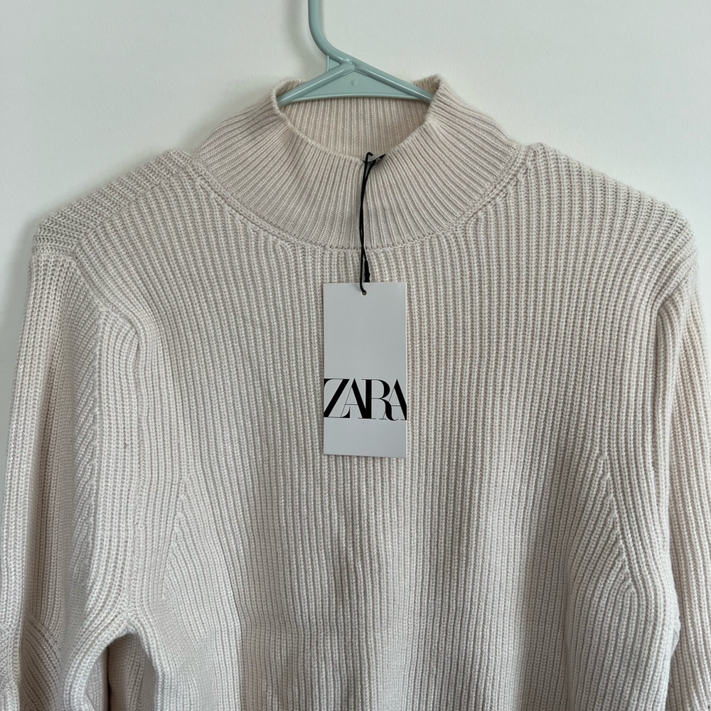 Zara Off-White Ribbed Mock Neck Sweater